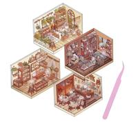 NICENEEDED 4 PCS DIY 3D House Stickers, Mini Room Scene Sticker Make Your Own Cartoon Scenes, Cute Library Sticker Scrapbook Decorative Stickers Coffee Restaurant Stickers