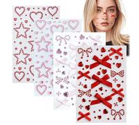 NICENEEDED 4 Sheets Bow Heart Face Gems Stickers, Self Adhesive 3D Bling Face Jewels for Women, Red Pink Glitter Rhinestone Stickers for Eye Makeup Wedding Party