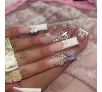 NICENEEDED 48 Pcs Pink Press on Nails Long Square and Press on Toenails Set, White Design, Full Cover Acrylic False Toe Nail Kit with 3D Bow Rhinestone Design