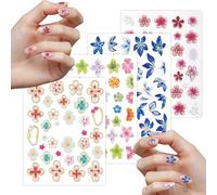 NICENEEDED 4Sheets Flower Nail Stickers, 5D Embossed Blue Pink Flower Stickers, Flowers Hibiscus Summer Tropical Nail Art Supplies for Women