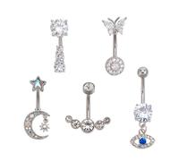 NICENEEDED 5 Pcs Belly Button Bars, Stainless Steel Belly Button Ring Set, Dangle Rhinestone Belly Piercing Bar Devil's Eye Butterfly Moon Piercing Belly Jewellery Sterling Silver for Women