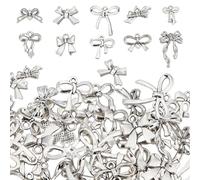 NICENEEDED 50 PCS 10 Styles Bowknot Charms, Antique Silver Bow Tie Charms, Bow Dangle Bracelet Necklace DIY Crafts Supplies