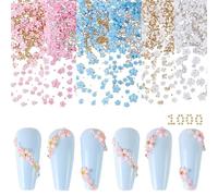NICENEEDED 6 Bags Flower Nail Art Charms with Gold & Silver Beads, 1000Pcs 3D Five-Petal Flower Ornaments Nail Gems for Women Girls DIY Nail Design Nail Art Supplies