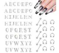 NICENEEDED 67PCS Nail Charms Alloy Sliver Large Letters Charm, Piercing Nail Charms for Nails Design, 3D Nail Jewels Bulk Nail Art Decor Set for Women