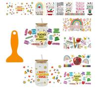 NICENEEDED 7 Sheets UV DTF Cup Wrap Transfer Stickers, Teacher Theme PVC Glass Cup Transfer Paper, Waterproof Rub on Transfers Glass Cup Stickers with Scraper for Cups, Furniture Wood, DIY Crafts