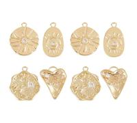 NICENEEDED 8 Pcs 14K Gold Plated Charms, 4 Style Brass Pendants, Rhinestone Heart Sun Flower Jewelry Making Charms for DIY Necklace Earring Bracelet