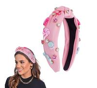 NICENEEDED Candy Lollipop Knotted Headband, Sugar Rhinestone Non-Slip Eide Embellished Preppy Hairband, Fashion Pink Hair Accessories for Summer Beach Wedding
