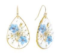 NICENEEDED Dry Pressed Flower Earrings, Floral Resin Dangle Drop Earring, Teardrop Handmade Hoop Earrings Ear Jewelry Accessories for Women and Girls Daily Wear, 4CM, Blue