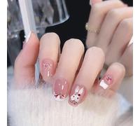 NICENEEDED Easter French Tip Press on Nails, Short Square Fake Nails with Rhinestones, Rabbit Acrylic Nails Full Cover Stick on Nails Cute Bunny Artificial Nails Decor for Women Girl Holidays Nail Art