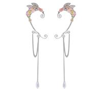 NICENEEDED Elf Ear Cuffs, Fairy Cuffs Wrap Clip-on Earrings, Drop Dangling Ear Clips Non-Pierced Elves Ear Cuffs Colorful Flower Earrings with Tassel Elven Cosplay Fantasy Costume for Women Halloween
