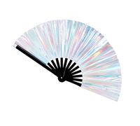 NICENEEDED Folding Hand Laser Rave Fan, Holographic Handheld Fans, Large Folding Glitter Fan Bamboo Folding Clack Hand Fan Iridescent Fan for Night Club Dance Party Performance Rave Accessories
