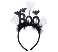 NICENEEDED Halloween Ghost BOO Headband with Feather Bats, 7.1 x 0.79 x 9.84 inch Black Gothic Headpiece, Party Hair Accessories for Women Men Cosplay