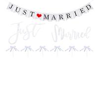 NICENEEDED Just Married Car Decoration, Just Married Stickers and Banners Wedding Car Front Bow, Reusable Wedding Automotive Window Decals for Honeymoon