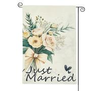 NICENEEDED Just Married Wedding Garden Flag, 12 x 18 Inch Double Sided Outside, Floral Marriage Welcome Romantic Yard Outdoor Decoration