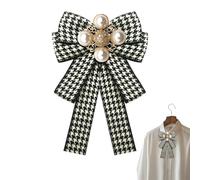 NICENEEDED Layered Pearl Bow Pre-Tied Brooch, Black White Houndstooth Bowknot Ribbon Tie Brooch Elegant Neck Tie Pin for Ladies Women, Fashion Collar Clothing Accessories for Daughter Mom Graduation