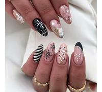 NICENEEDED Medium Almond Press on Nails, Oval Acrylic False Nails, Christmas Tree Artificial Nails Gold Glitter Fake Nails with Snowflake Design Full Cover Stick on Nails for Women 24Pcs