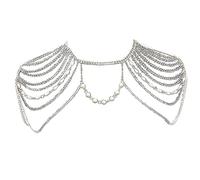 NICENEEDED Pearls Rhinestone Shoulder Chain, Bridal Crystal Harness, Bling Tassel Body Jewelry Silver Dainty Accessory for Women Party Halloween