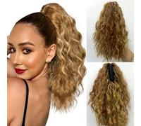 NICENEEDED Ponytail Extension, Wave Curly Pony Tails Hair Extensions Short Claw Ponytail Extension, 30 CM Gold Clip On Ponytails Natural Synthetic Hairpiece for Daily Use Women