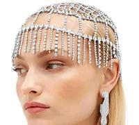 NICENEEDED Rhinestone Tassel Head Chain Silver Cap, Roaring 20s Crystal Flapper Cap Headpiece, Sparkly Rhinestone Head Jewelry Gatsby Hair Accessories for Women and Girls, 1.0 count, 0.12 kilograms