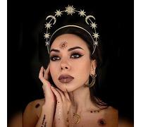 NICENEEDED Star Halo Crown Headband, Boho Bling Goddess Mary Moon Crown Tiaras Rhinestone Gold Celestial Headpiece Headbands Halloween