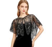 NICENEEDED Vintage 1920s Women's Shawl Wraps, Black Sequin Beaded Flapper Evening Shawls, Semi-sheer Bridal Shawl Bolero for Formal Party Wedding Formal Harlem Night