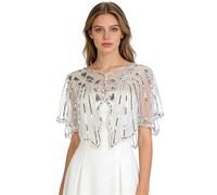 NICENEEDED Vintage 1920s Women's Shawl Wraps, Sequin Beaded Flapper Evening Shawls, White Semi-sheer Bridal Shawl Bolero for Formal Party Wedding Formal Harlem Night