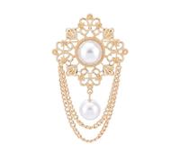 NICENEEDED Vintage Round Pearl Brooches Pin with Filigree Flower Chain Tassel, Elegant Boho Gold Dangle Drop Pin, Dress Suit Clothes Accessories Jewelry for Women Party Dance Baroque