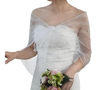 NICENEEDED Wedding Bridal Shawl, White Faux Pearl Cloaks, Soft Tulle Capelet Beaded Cover Up, Evening Dress Shawl Prom Party Accessories for Women