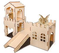 NICERINC PET Extra Large Wooden Rabbit Castle Hideaway Tunnel and Bed Small Animal Hideaway Hut Solid Safe Construction Play Hideaway Hut for Rabbit Guinea Pig Chinchilla