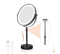 Nicesail LED Lighted Makeup Mirror Tabletop, 10X Magnifying Mirror with 3 Color Lights, Brightness Adjustable Height Adjustable, Double Sided Mirror in Black(8 Inch, 10X)