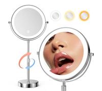 Nicesail LED Lighted Makeup Mirror Tabletop, 10X Magnifying With 3 Color Lights, Brightness and Height Adjustable, Double Sided in Chrome Finish (8 Inch)