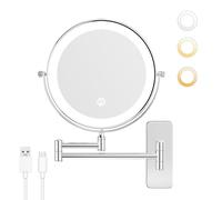 Nicesail Wall Cosmetic Mirror with Lighting and Magnification 5X, Rechargeable, 3-Colour Light, Adjustable Brightness, Touch Control, Chrome, Bathroom Magnifying Mirror, Extendable, Diameter 20 cm