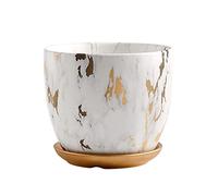 NICETOW Flower Plant Pots Large-caliber Nordic Marble Pattern Flower Pots Small and Medium-sized Round Modern Ceramic Garden Flower Pots With a Base (white Mixed Gold) Indoor Plant Pots (Size : S)