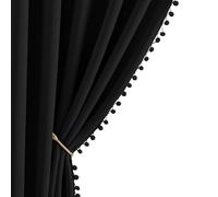 NICETOWN 2 Panels Blackout Curtains, Rod Pocket Jet Black Pom-poms Curtain Drapes, Thermal Insulated Bohemian Style Drapes for Playroom, Kitchen, Nursery Room, 42 inches Wide by 63 inches Long