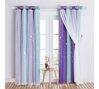 NICETOWN Blackout Curtains with Net Panel Fronts - Double Drape Decoration for Children's Rooms with Star Perforations, Light Blocking, Elegant - Size 132 x 213 cm (W x H), Blue and Purple, 2 Pieces