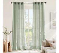 NICETOWN Green Semi-Transparent Curtains, Linen Look, Modern Curtains with Eyelets for Living Room, Set of 2, H 245 x W 140 cm, Grey Green, Linen Curtain, Living Room Eyelet Curtain