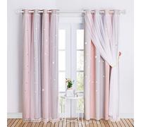 NICETOWN Kids Blackout Curtains Voile - Eyelet Top Thermal Insulated Curtains Light Blocking Filter Window Star Curtain for Kids Girls Nursery Bedroom, Grey Pink, 2 Panels, W52 x L72 Inch (132x183 cm)