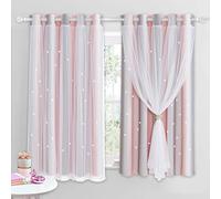 NICETOWN Kids Blackout Curtains Voile - Eyelet Top Thermal Insulated Curtains Light Blocking Filter Window Star Curtain for Kids Girls Nursery Bedroom, Grey Pink, 2 Panels, W90 x L54 Inch (228x137 cm)
