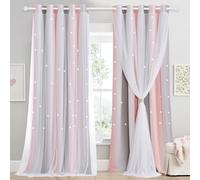 NICETOWN Kids Blackout Curtains Voile - Eyelet Top Thermal Insulated Curtains Light Blocking Filter Window Star Curtains for Kids Girls Nursery Bedroom, Grey Pink, 2 Panels, W66xL90 Inch (168×229 cm)
