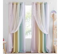 NICETOWN Nursery Blackout Curtains for Girls, 1 Panel, Moon Stars Kids Curtains Double Layer Window Drapes Coverings for Bedroom Living Room, 52 x 84 Inch, Rainbow