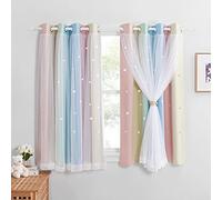 NICETOWN Nursery Room Curtains - Rainbow Blackout Curtain with Net Sheer Star Hollow Out Light Filter for Kids Bedroom/Birthday Party Decor, 2 Panels W52xL63 Inch (132x160 cm) Pink Yellow Green Blue