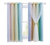 NICETOWN Rainbow Curtains for Kids - Star Cut Out Double Layer Blackout Curtains with Voile Thermal Privacy Protection for Nursery Bedroom Living Room, 2 Panels, W34 x L63 Inch (86x160 cm),Rainbow