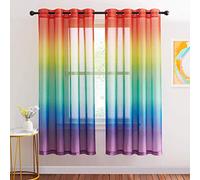NICETOWN Rainbow Net Curtains Voile - Linen Look Voile Curtains Printed Sheer Curtains Eyelet Top Light Filter Panels for Bedroom/Livingroom, 1 Pair, W 55" x W 68", Rainbow