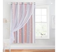 NICETOWN Sliding Door Kids Blackout Curtains for Nursery, Cutout Stars Curtains with Sheer Overly Window Duble Layer Curtains for Girls Bedroom, 1 Panel, 52 x 84 Inches Long, Pink & Grey