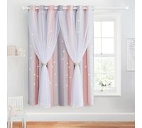 NICETOWN Sliding Glass Door Curtain, Extra Wide Patio Window Ombre Blackout Curtains with Sheer Overly for Living Room, Star Cutout Curtains for Girls Bedroom, 1 Panel, 100" W x 63" L, Pink & Grey