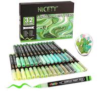 NICETY 32 Colours Acrylic Paint Pens - Paint Markers 1-5mm Brush Tip Water Based Acrylic Markers for Rock Painting Stone Wood Ceramic (Green)
