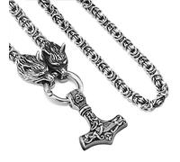 NICEWL Dodomop Ravens of Odin with Thor's Hammer Mjolnir Pendant Necklace-Viking Metal Wolf Head Chain Cord,Nordic Mythology Men Stainless Steel Pagan Jewelry Amulet,50cm