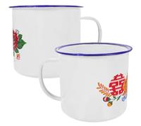 NICEXMAS White Enamel Teacup Vintage Chinese Style 2pcs 700ml for Coffee | Retro Floral Pattern, Table Stable Base, Easy Cleanup, Tea and Beer Use, Coffee Shop Picnic