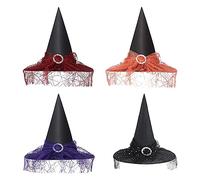 NICEYEA 4Pcs Halloween Costumes Witch Hat Pointed Wizard Hat with Wicked Spiders Printed Lace Decor Cosplay Costume Carnival Party Accessories
