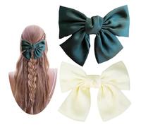 NiceYnn 2pcs Bow Hair Clips - Soft Silky Satin Ribbon French Hair Bows Barrettes with Metal Spring Clasp Bun Ponytail Holder Hair Ribbon for Women Girl Solid Color Big Bowknot Hairpin Green Beige